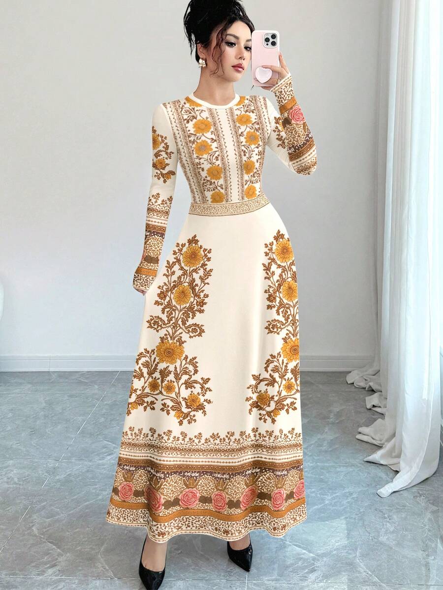 Modelyn 玫瑰花藤图案数码复古印花时尚圆领长袖收腰A字连衣裙,女款,春夏款 - 彩色 - 查看 1