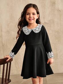 SHEIN Young Girl Contrast Lace Peter Pan Collar Long Sleeve Cute Dress - Black - View 3