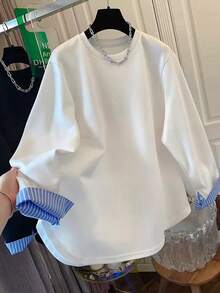 Resyla Women's Crew Neck Long Sleeve Loose Casual Patchwork Cuff Sweatshirt