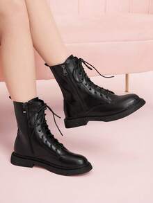 CUCCOO DOLLMOD 女士时尚百搭系带中筒靴 - 黑色 - 查看 1
