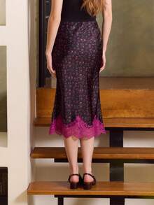 lacRébo 缎面印花中长裙，紫色蕾丝滚边裙摆，尽显优雅女性魅力 - 彩色 - 查看 4