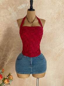 Soleia Áo hai dây dệt kim màu trắng có họa tiết ôm sát dành cho nữ - Đỏ - Xem 6