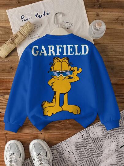 GARFIELD | SHEIN Tween Boy Casual Letter & Cat Print Crew Neck Sweatshirt, Autumn