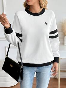 EMERY ROSE sweat-shirt ample à col rond, manches raglan, avec broderie et blocs de couleurs, convient pour les sorties quotidiennes et le retour à l'école - Noir et Blanc - Voir 4
