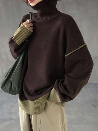 FRIFUL Pulover casual lejer, minimalist, versatil, cu guler înalt, mânecă lungă pentru femei