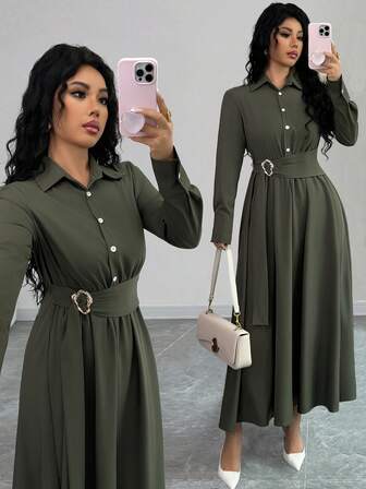Rafferiza Vestido de manga larga para mujer, verde oliva, decoración de hebilla metálica 3D en la cintura, falda en línea A, adecuado para uso diario y citas, otoño/invierno