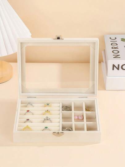 1个多格首饰收纳盒，现代布艺防尘首饰盒，适用于办公桌、情人节、开学季等场合