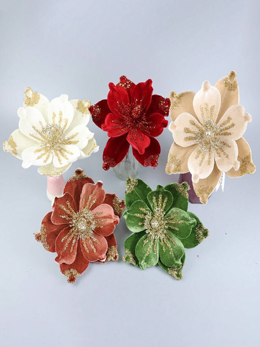 6支/12支/9.45英寸人造丝绒玉兰花 - 白色、红色、绿色装饰花,非常适合家居装饰、情人节、感恩节、母亲节和其他节日,是馈赠佳品或季节性装饰的理想之选,感恩节装饰品 - 彩色 - 查看 1
