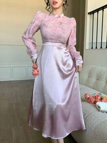 Đầm dạ hội thanh lịch cổ tàu dành cho nữ, chất liệu satin và họa tiết hoa, phối nhiều mảnh vải. - Hồng - Xem 8