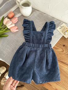 LMoss Kids LMoss 女婴梭织纯色方领荷叶边下摆休闲连体衣 女婴背带裙 女婴荷叶边连体衣 女婴服装背带裤 - 藍色 - 查看 5
