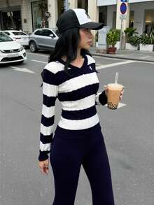 Striped V-Neck Cable Knit Long Sleeve Sweater Women, Ins Korean Style Fitted Pullover Top, Casual Slim Fit Long Pants Set For Autumn/Winter Flared Pants Clothes Two Piece Flared Leggings Preppy Two Piece Set Teen Women 2 Piece Pants Suits Teen Pants Suit 15 Years Old Girls Pants Suit Teen Women 2 Piece Pants Suits Girls Sweater Sets Teen 3 Piece Set Teen Girls Sets Girl Winter Clothes Girl Knit Set Blue And White Striped Sweater Pants And Top Set Wide Leg Pants Set Blue Pants Outfit For Girls Preppy Two Piece Set - Multicolor - View 8