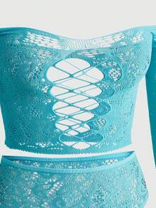 ROMWE Kawaii Women's Sweet & Sexy High Elasticity Mesh Off-Shoulder Bra & Panty Set - Baby Blue - View 2