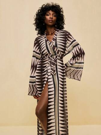 SHEIN Veneréa 波西米亚几何印花沙滩度假和服罩衫（女士款）