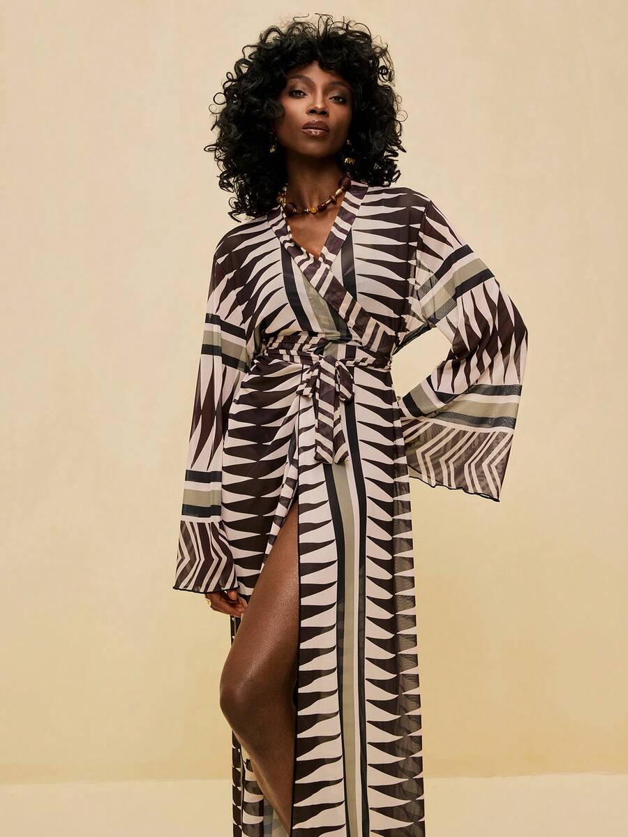 SHEIN Veneréa Bohemian Geometric Print Beach Resort Kimono Cover Up For Women - Multicolor - View 1