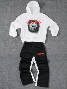 SHEIN Set de 2 piezas de chándal de unicolor informal para adolescentes y niños, con sudadera y pantalones de punto, adecuado para ir y venir, la escuela, el uso diario casual, los viajes, los deportes, primavera/verano/otoño/invierno, forro polar, engrosado - Azul - Ver 2