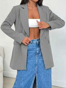 EURMUSE Blazer feminino casual/de trabalho de cor sólida com gola lapela e mangas compridas. - Cinza - Ver 3