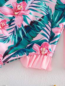 SHEIN 女婴碎花荷叶领插肩袖泳衣 - 粉色 - 查看 7