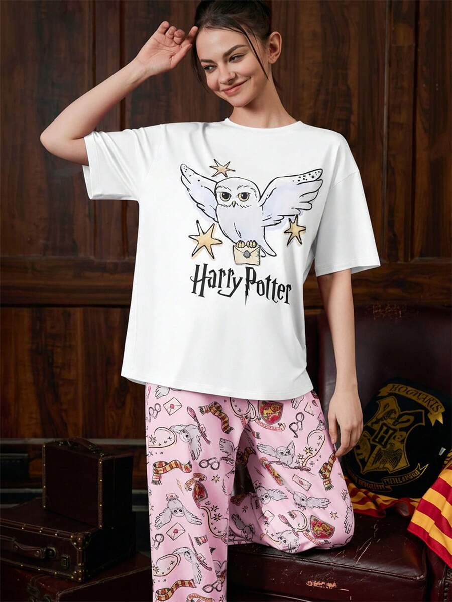HARRY POTTER X SHEIN Women's Summer Round Neck Short-Sleeved Loose Owl Hedwig Printed T-Shirt And Trousers Pajama Set, Comfortable And Casual Summer At Home - Pink - View 1