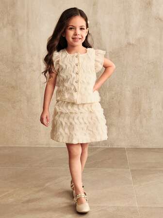 SHEIN Elladie kids Trädgårdstjejer Koreansk stil Fashionabla blommiga applikationer kepsärm blus + kjol 2st set, söt och söt för sommaren