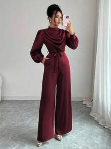 Elenzga Women's Elegant Commuter Jumpsuit, Mock Neck, Ruched Collar, Puff Sleeves, Bow Tie Waist, Double Pockets, Long Sleeve, Slim Fit, Straight Leg, Moss Green, Autumn/Winter - Burgundy - View 6