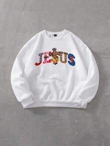 Manfinity Dauomo 男士休闲耶稣印花长袖套头卫衣 - 白色 - 查看 3