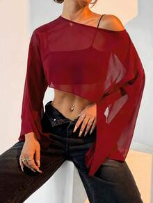 SHEIN EZwear 女士时尚性感纯色短款衬衫 - 紅色 - 查看 6
