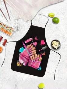 Fartuch z nadrukiem motyla i szminki, 1 sztuka, wytrzymały materiał poliestrowy, regulowany pasek na szyję i talię, do gotowania, grillowania, ogrodnictwa, malowania, zdobienia paznokci, unisex, dla dorosłych, do użytku wewnątrz i na zewnątrz, kuchenny fartuch do rękodzieła, pomysł na prezent, do użytku domowego - Wielokolorowe - Zobacz 2