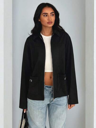 Glamine Women's Fashion Commuter Casual Long Sleeve Zip-Up Jacket Black Jacket Women Cropped Jacket Oversized Jacket Cropped Jackets Women Blazer Jacket