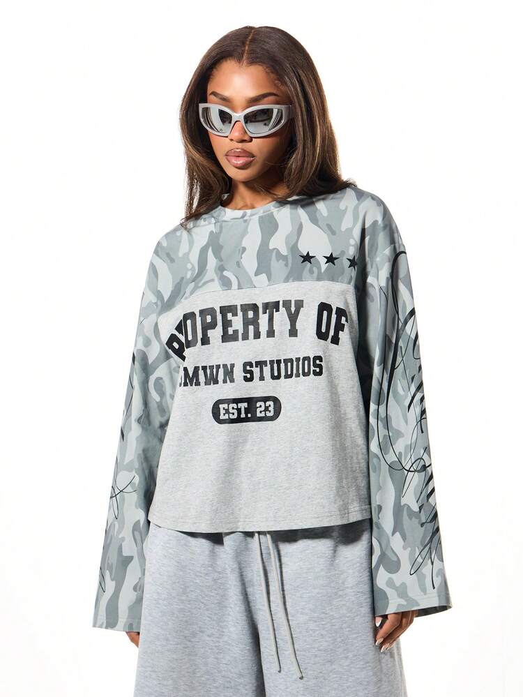 SUMWON WOMEN Oversized Cropped Long Sleeve Camo Print Graphic Top