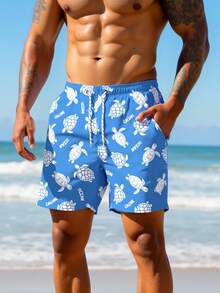 Manfinity VDAYZ Męskie spodenki kąpielowe z nadrukiem żółwia morskiego, ściągane w pasie, z kieszeniami, kąpielówki plażowe, strój kąpielowy na basen