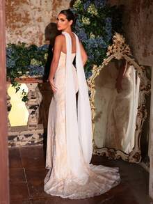 Glamrae Elegant White Romantic Lace Bandeau, Boned Shaping Applique, 3D Waist, Fishtail (Detachable Halter Flounce), Suitable For All Formal Occasions, Weddings, Bridal Gown - White - View 5