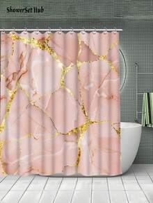 1/4件套粉色大理石纹现代浴帘浴室套装，防水耐磨配件，带12个挂钩 - 包括马桶盖套、浴垫和地毯 - 非涤纶面料 - 可水洗 - 非常适合节日装饰、家居/卧室/住宅/西式装饰 - 彩色 - 查看 9
