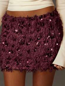 Athîral Women's Solid Color Fashionable Sequin Fluffy A-Line Skirt,Red Skirt - Burgundy - View 2