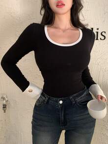 DAZY Camiseta casual ajustada de mujer con cuello redondo, mangas raglán y ribete de contraste - Negro - Ver 8