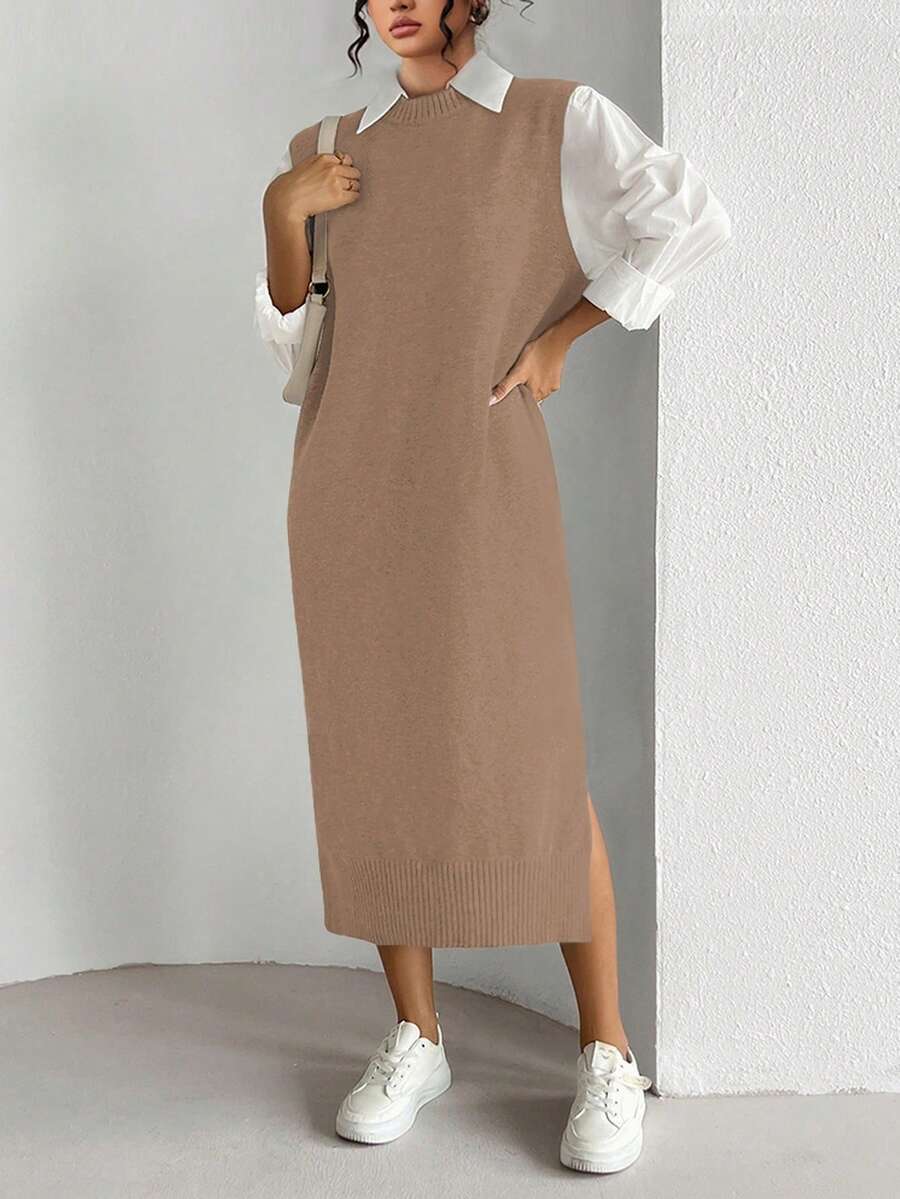 Elenzga Plus Size Women Solid Color Round Neck Sweater Dress - Khaki - View 1