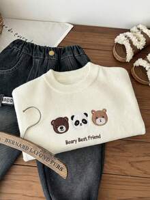 SHEIN Young Boys' Thickened Fleece Pullover Sweater, Cute Animal Embroidery Pattern, Versatile & High Elasticity, Suitable For Home & Outdoor, Autumn/Winter Flash Burgundy Boho Goth Y2k Streetwear Rave Vacation Holiday Party Festival Fall Winter Winter Clothes Retro Vintage Casual Cozy - White - View 4