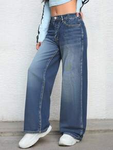 SHEIN Teenager Mädchen Y2K Lässige Vintage-Waschung Mittelhohe Taillenjeans mit weitem Bein, Boyfriend Jeans, Halloween Outfits, Herbstkleidung, Weihnachtshosen, Herbstoutfits, Mädchen Herbst-Winter Homecoming Jeans, Mädchen Hosen Streetwear Vintage Outfits, Bequem und vielseitig, für 13-16 Jahre alte Mädchen, geeignet für Schule, Zuhause und Reisen