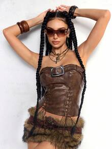 ROMWE Avant Miralda Distressed Leather Lace-Up Bandeau Sexy Crop Top