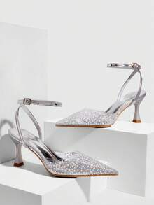CUCCOO SZL Giày cao gót mũi nhọn quai trong suốt cho nữ, màu bạc đính pha lê và ngọc trai, giày dự tiệc gợi cảm có quai mắt cá chân và thiết kế hở lưng - Bạc - Xem 2