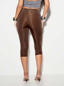 KIZN High Waisted Capri Leggings For Women Stretchy Mid Calf Length Fitted Bottoms Casual Daily Wear - Brown - View 2
