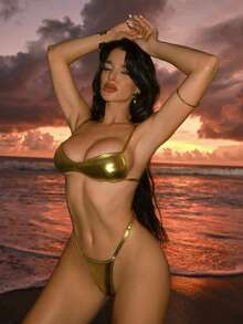 Swim SXY 女士露背系带纯色比基尼，可爱丁字裤，性感度假沙滩泳装，夏季 - 金色 - 查看 8