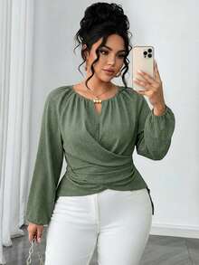 Elenzga Plus Size Women's Solid Color Keyhole Neck Raglan Sleeve Waist Crisscross Design Fashion Blouse