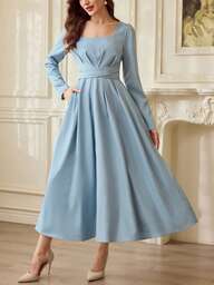 Vintamour Vestido Feminino Vintage Clássico Elegante, Outono/Inverno, Vestido Ajustado com Cintura Cruzada, Vestido de Decote Quadrado, Vestido Plissado, Vestido de Manga Longa Azul