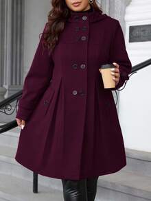 Ellevyn Plus Size Women's Solid Color Long Sleeve Double-Breasted Pleated Design Hooded Overcoat, Autumn/Winter - Purple - View 6