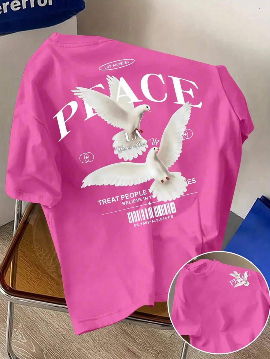 Glimmora 男士休闲日常鸽子印花T恤 - 玫紅色 - 查看 1