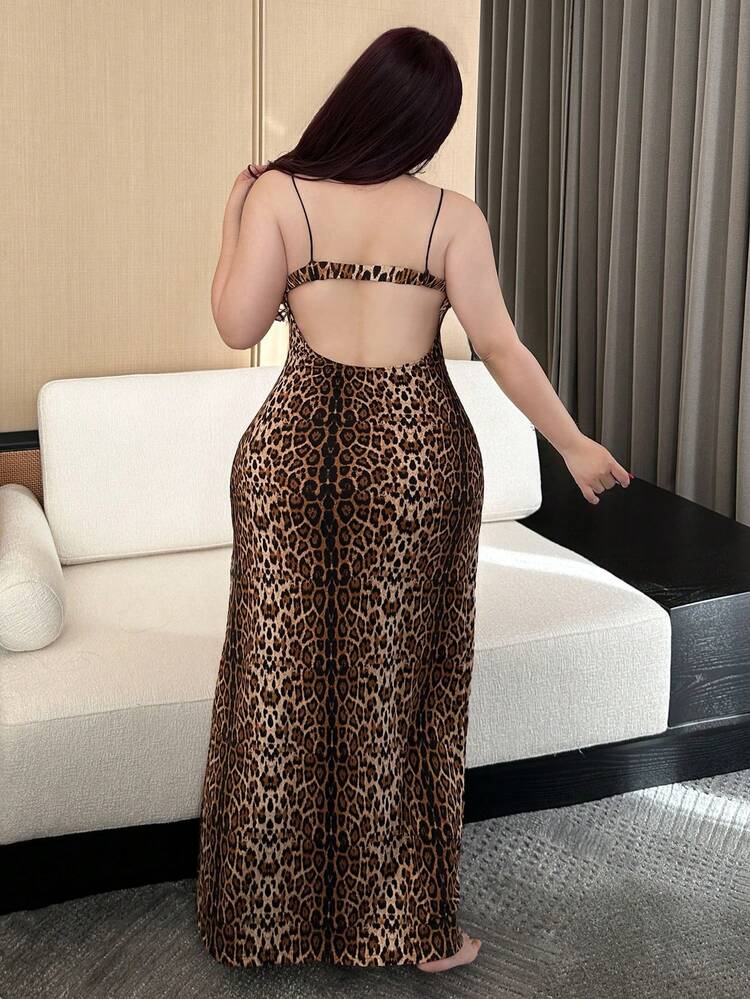 Dazy Plus Fashionable Leopard Print Contrast Lace Sexy Camisole Long Nightgown