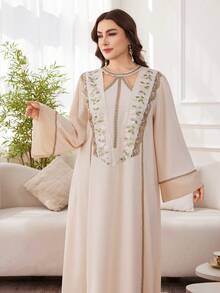 Al Najma Elegantes Große Größen-Kleid im arabischen Stil für Damen, figurformend - Aprikosenfarben - Übersicht 4