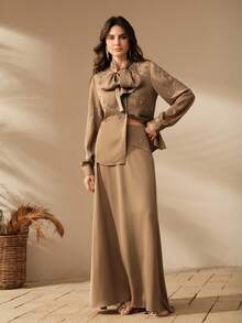 Anewsta 女士春夏系带衬衫上衣和缎面半裙两件套，优雅母亲节套装 - 咖啡棕 - 查看 7