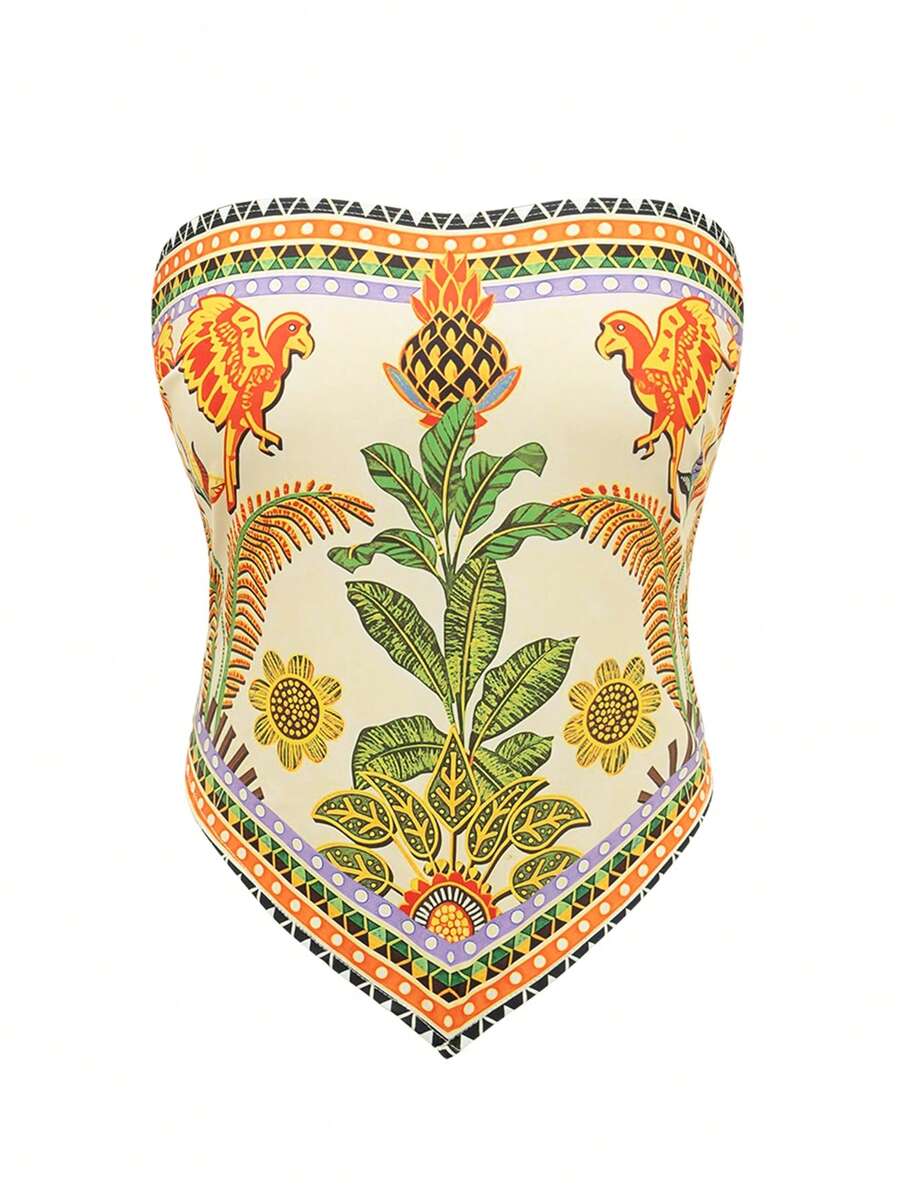 Florisole 女士印花无肩带沙滩罩衫,后背系带,夏季 - 彩色 - 查看 1