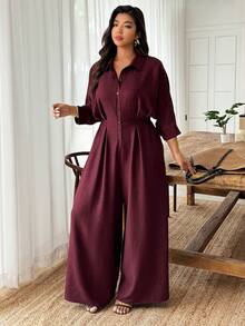Weeklong Plus Size Women's Shirt Collar Jumpsuit With Ruffle Cuff, Waist Cinched, Casual & Office Wear, Spring/Summer